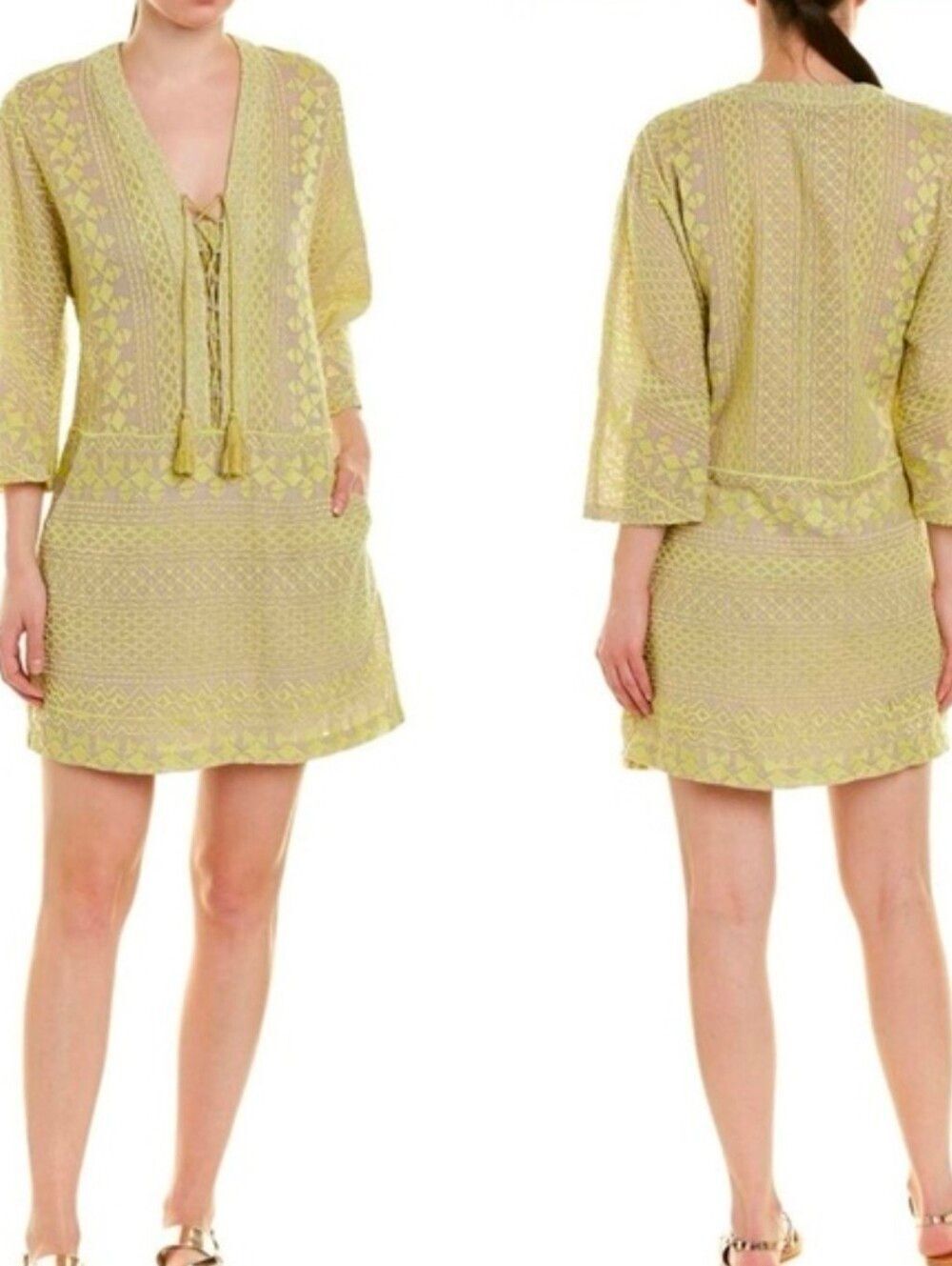 BCBGMaxAzria Yellow Embroidered Milana Tunic Dress Size Medium